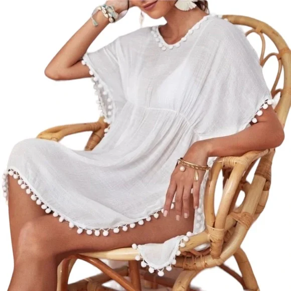 ✨NEW✨ Pom Pom Boho White Beach Swimsuit Side Slits CoverUp Top - OS - Picture 2 of 10